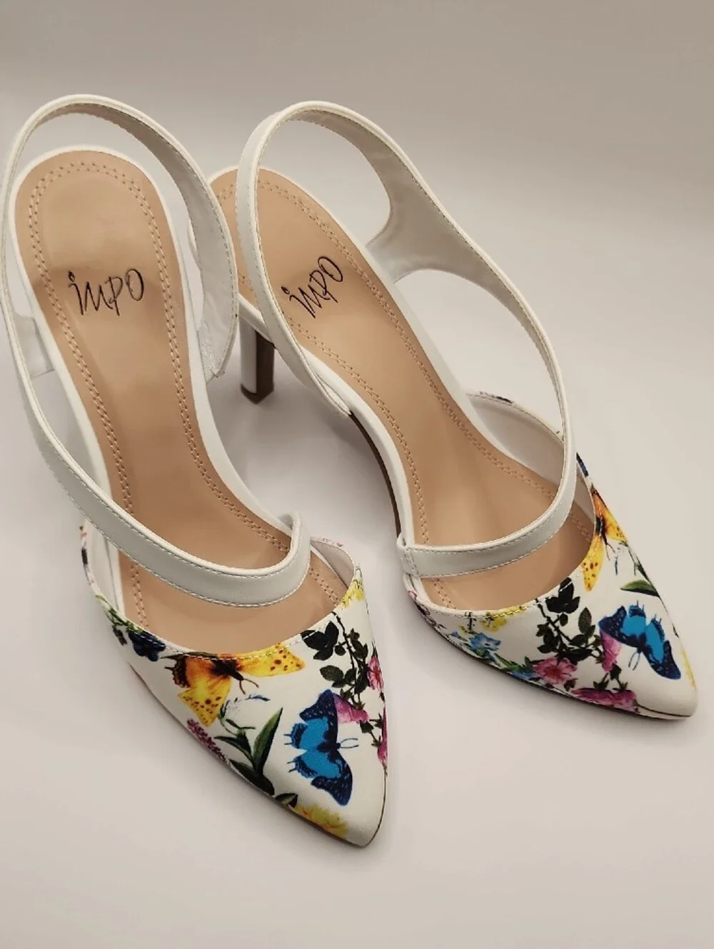 New Impo White Floral & Butterfly Pointed-Toe Slingback Heels